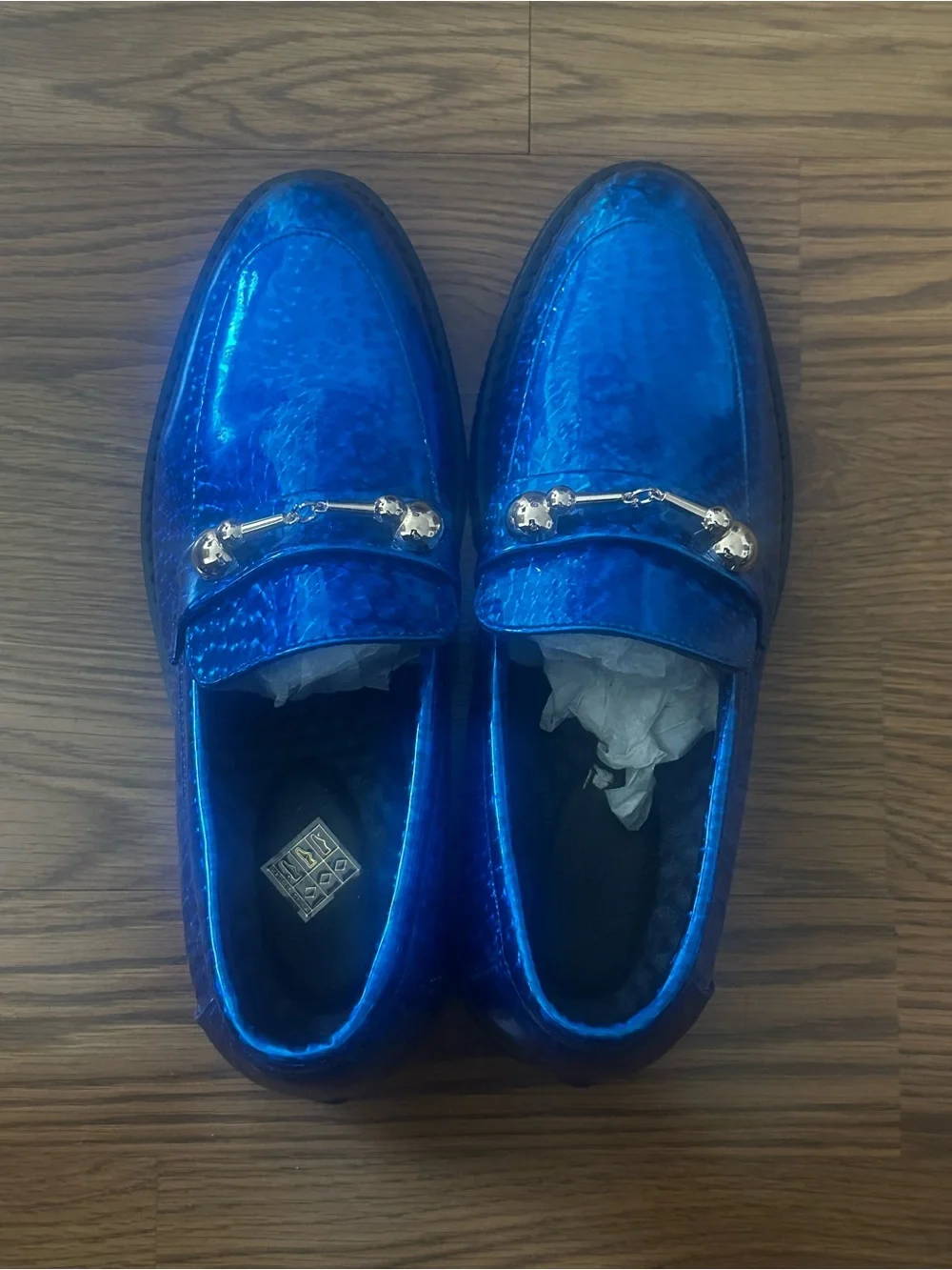 Men's Shiny Blue Slip-On Loafers with Gold Bit Detail